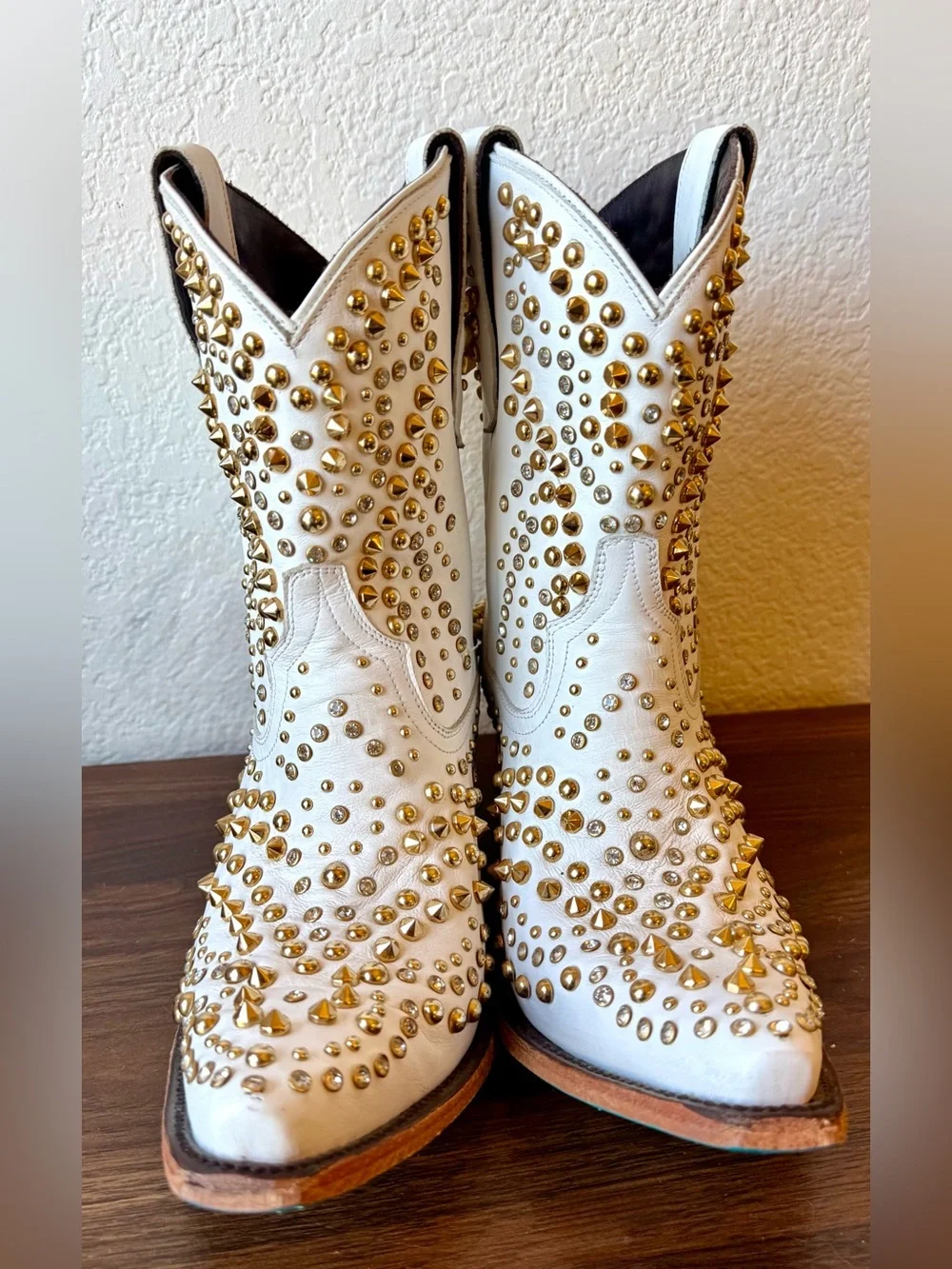 White Studded Lane Boots Dolly Western Ankle Boots with Gold Accents